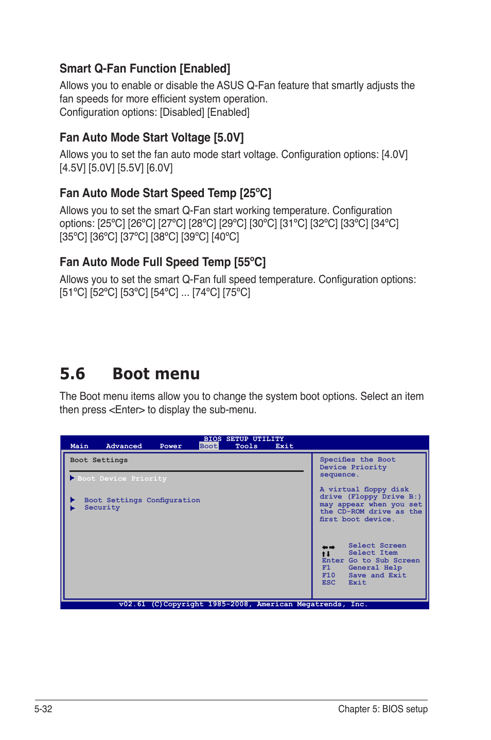 5�.6 boot menu, Smart q-fan function [enabled, Fan auto mode start voltage [5.0v | Fan auto mode start speed temp [25ºc, Fan auto mode full speed temp [55ºc | Asus V3-M3A3200 User Manual | Page 106 / 114