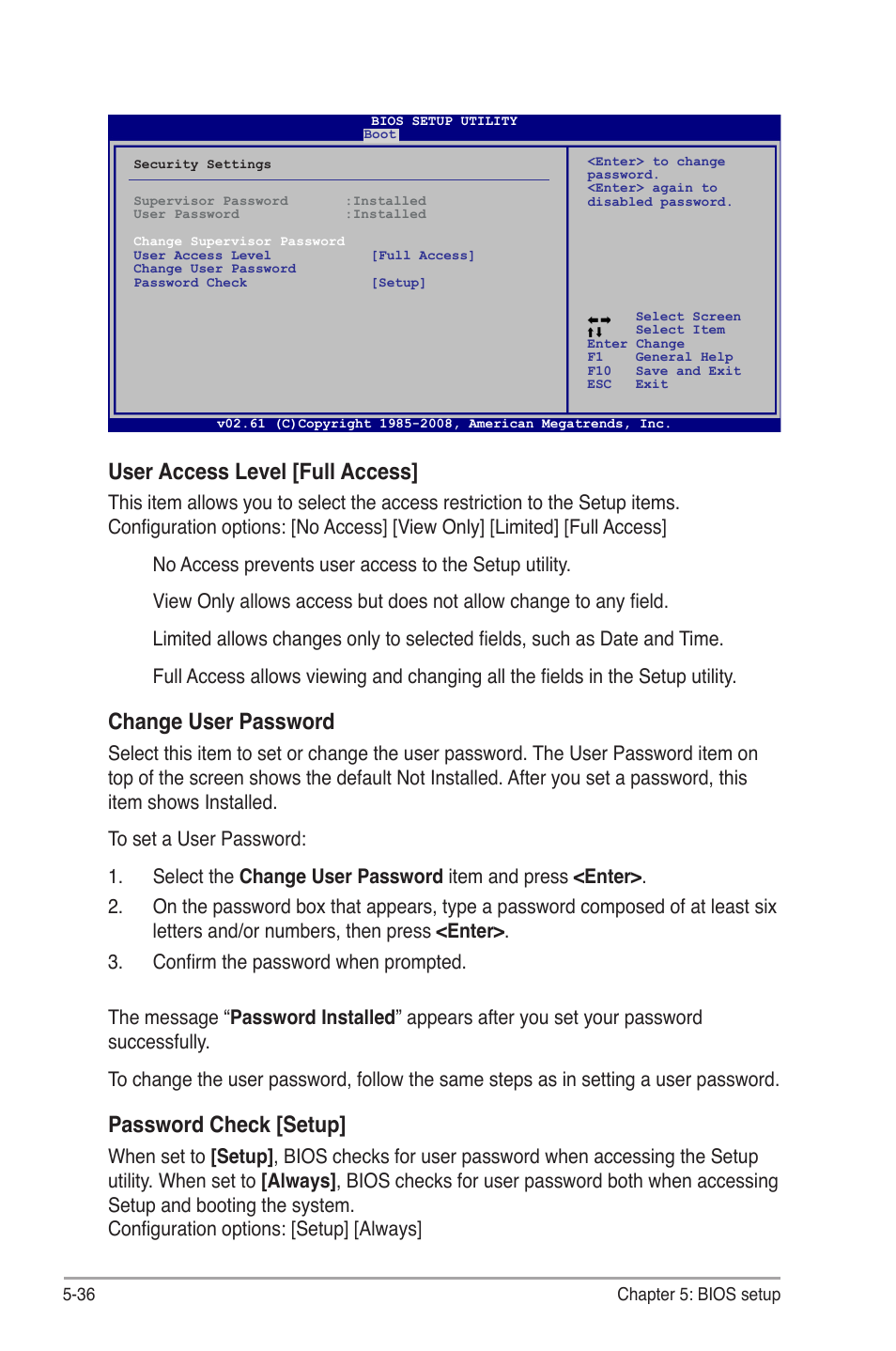 User access level [full access, Change user password, Password check [setup | Asus V3-M3A3200 User Manual | Page 110 / 114