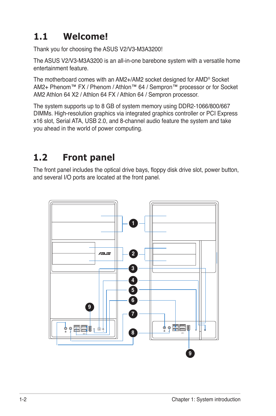 1 welcome, 2 front panel | Asus V3-M3A3200 User Manual | Page 12 / 114