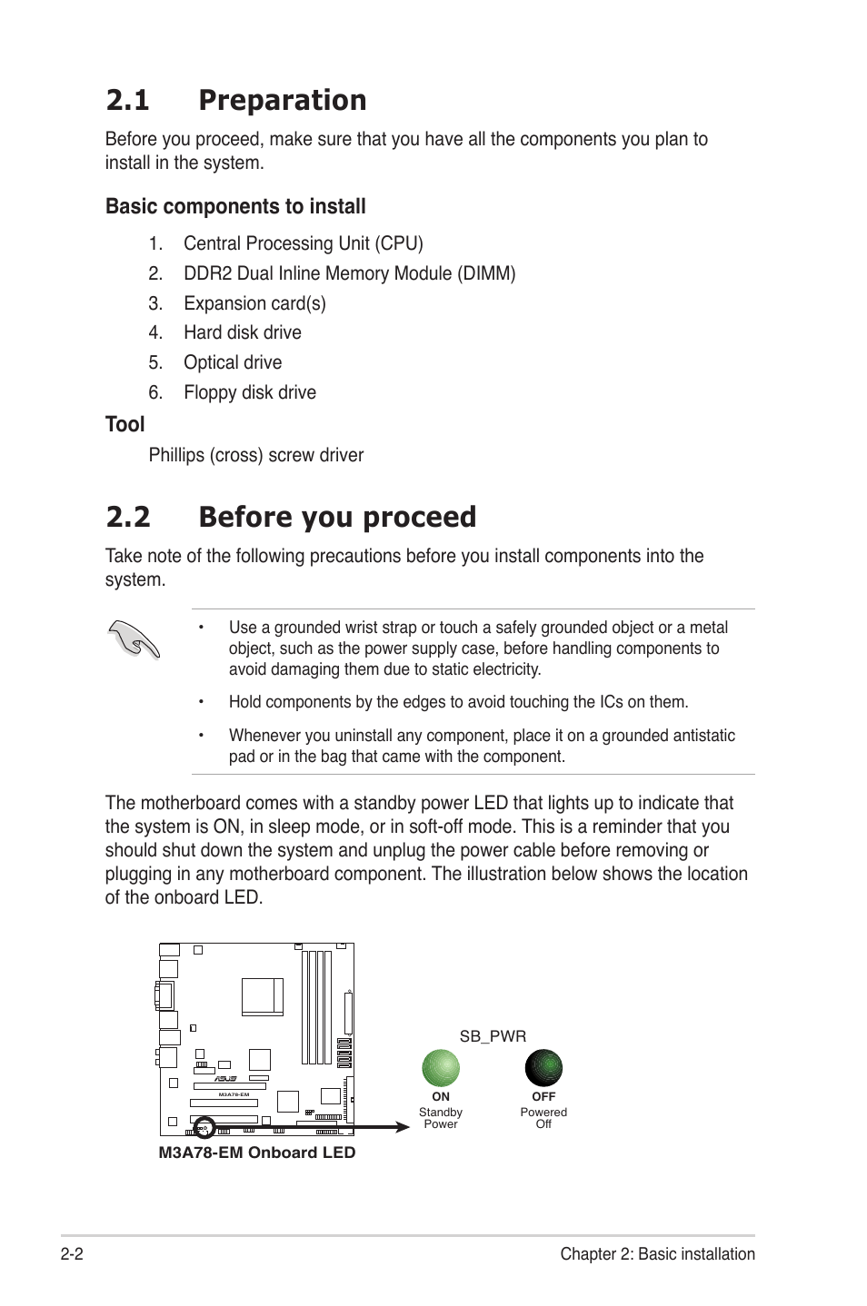 1 preparation, 2 before you proceed, Basic components to install | Tool | Asus V3-M3A3200 User Manual | Page 20 / 114