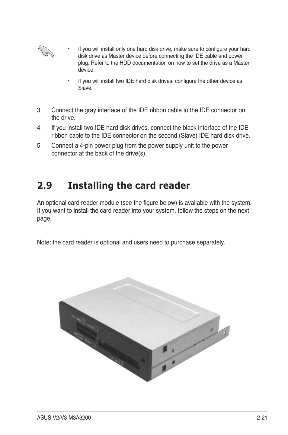 9 installing the card reader | Asus V3-M3A3200 User Manual | Page 39 / 114