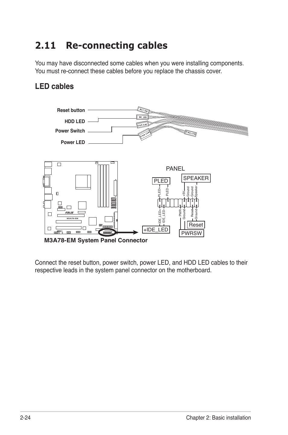 11 re-connecting cables, Led cables, 24 chapter 2: basic installation | M3a78-em system panel connector, Panel | Asus V3-M3A3200 User Manual | Page 42 / 114