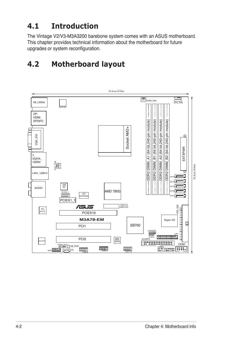 1 introduction, 2 motherboard layout, 2 chapter 4: motherboard info | Socket am2, Sb700, M3a78-em | Asus V3-M3A3200 User Manual | Page 62 / 114