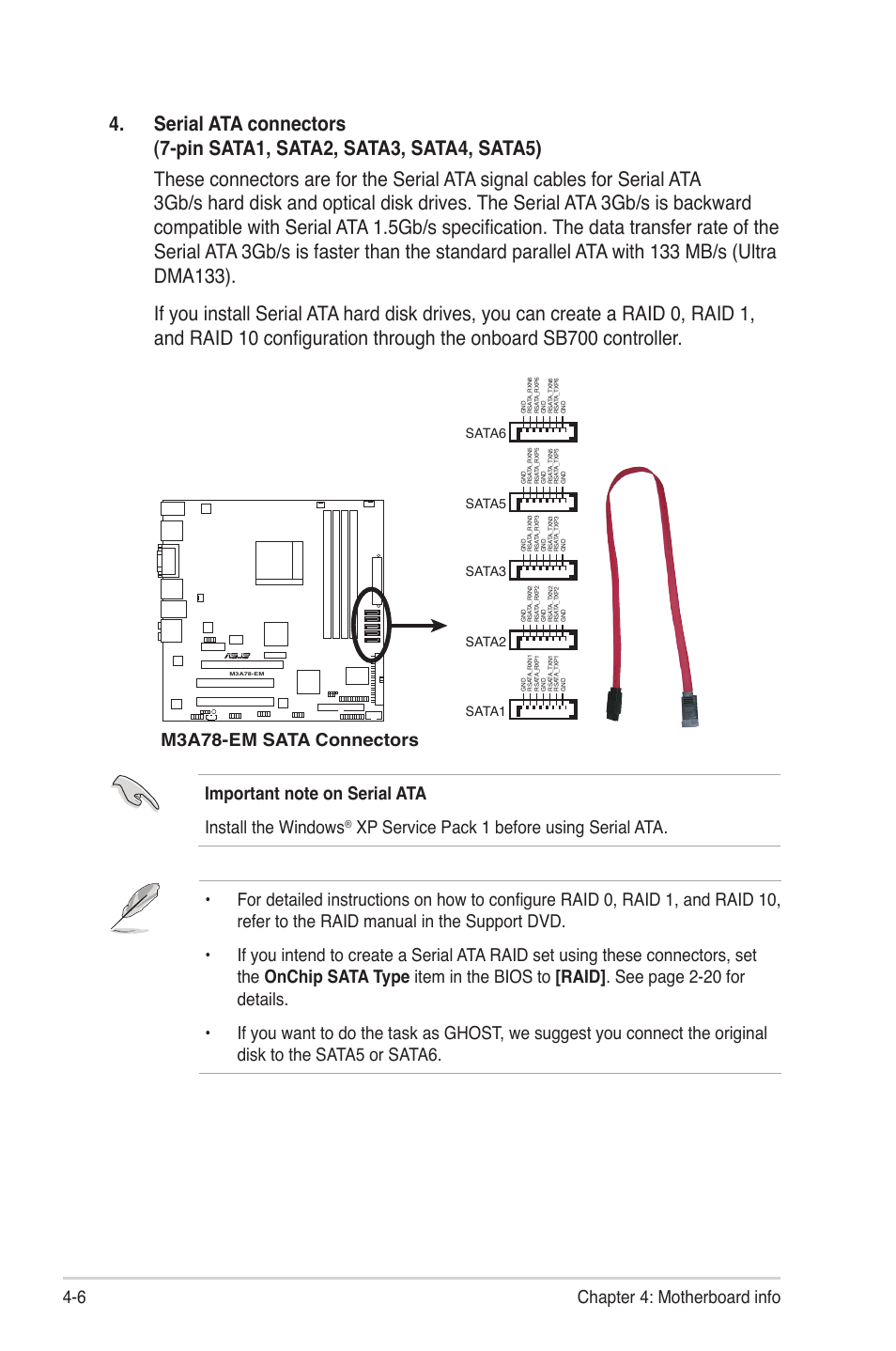 6 chapter 4: motherboard info, Sata5, Sata6 | Sata2, Sata3, Sata1 | Asus V3-M3A3200 User Manual | Page 66 / 114