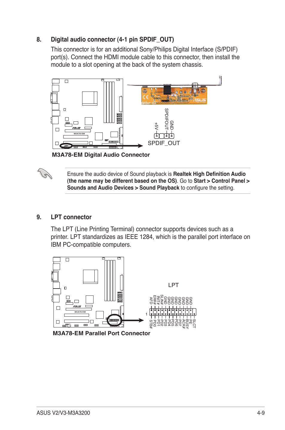 Spdif_out, M3a78-em parallel port connector | Asus V3-M3A3200 User Manual | Page 69 / 114