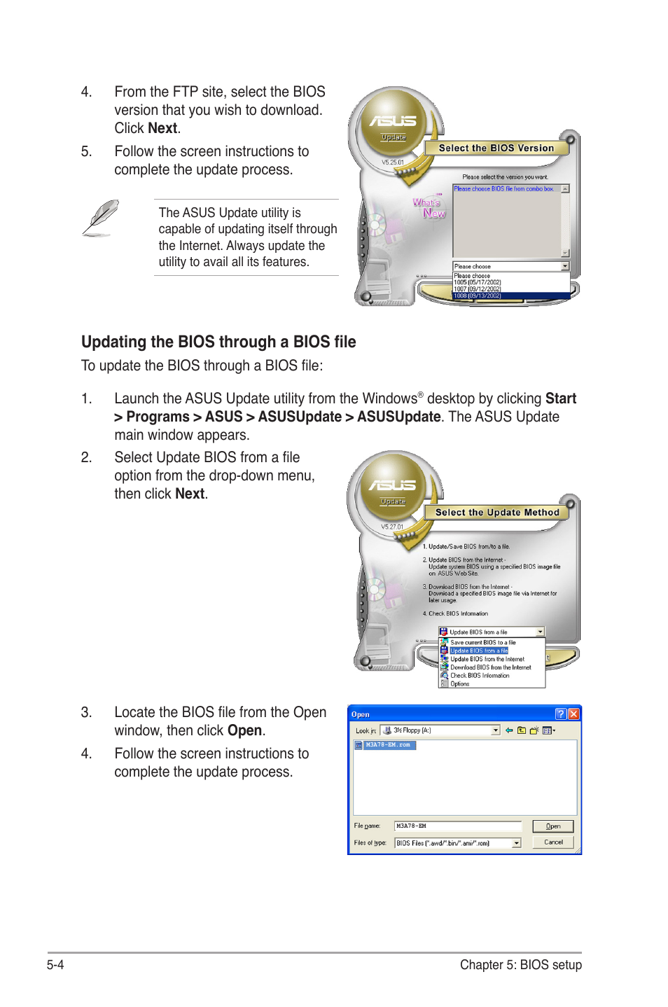 Updating the bios through a bios file | Asus V3-M3A3200 User Manual | Page 78 / 114