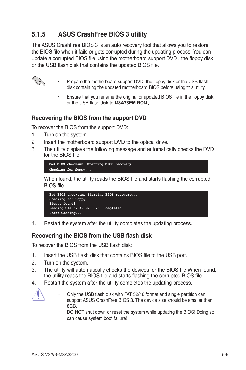 5 asus crashfree bios 3 utility, Recovering the bios from the support dvd, Recovering the bios from the usb flash disk | Asus V3-M3A3200 User Manual | Page 83 / 114