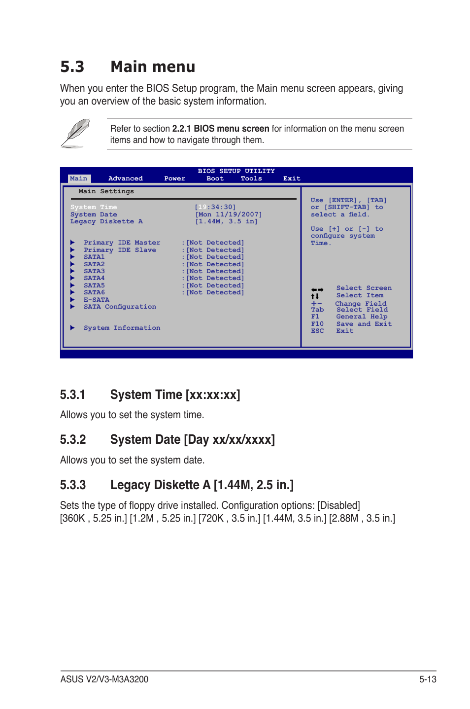 5�.3 main menu, 1 system time [xx:xx:xx, Allows you to set the system time | Allows you to set the system date | Asus V3-M3A3200 User Manual | Page 87 / 114