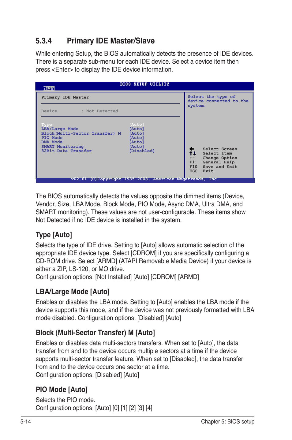 4 primary ide master/slave, Type [auto, Lba/large mode [auto | Block (multi-sector transfer) m [auto, Pio mode [auto | Asus V3-M3A3200 User Manual | Page 88 / 114