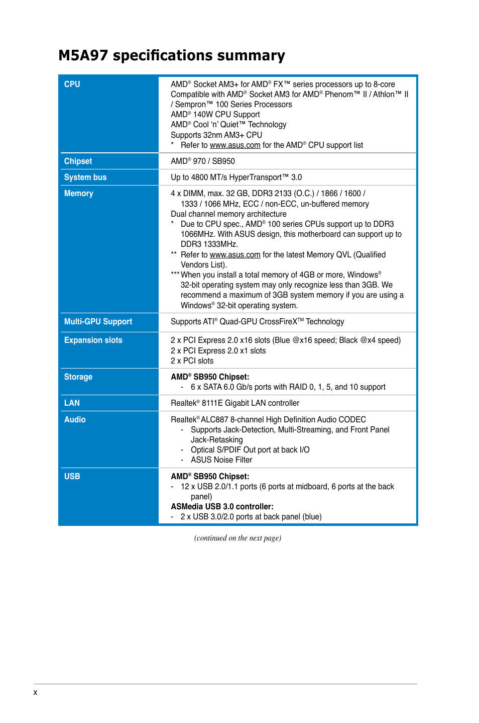 M5a97 specifications summary | Asus M5A97/SI User Manual | Page 10 / 112