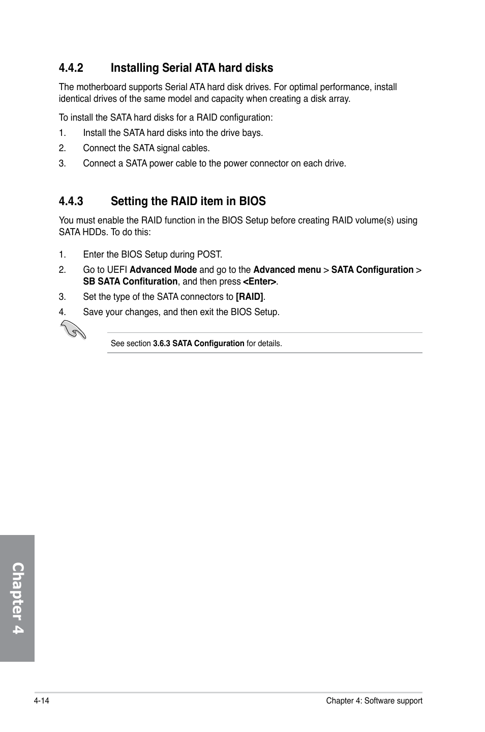 Chapter 4, 3 setting the raid item in bios, 2 installing serial ata hard disks | Asus M5A97/SI User Manual | Page 100 / 112