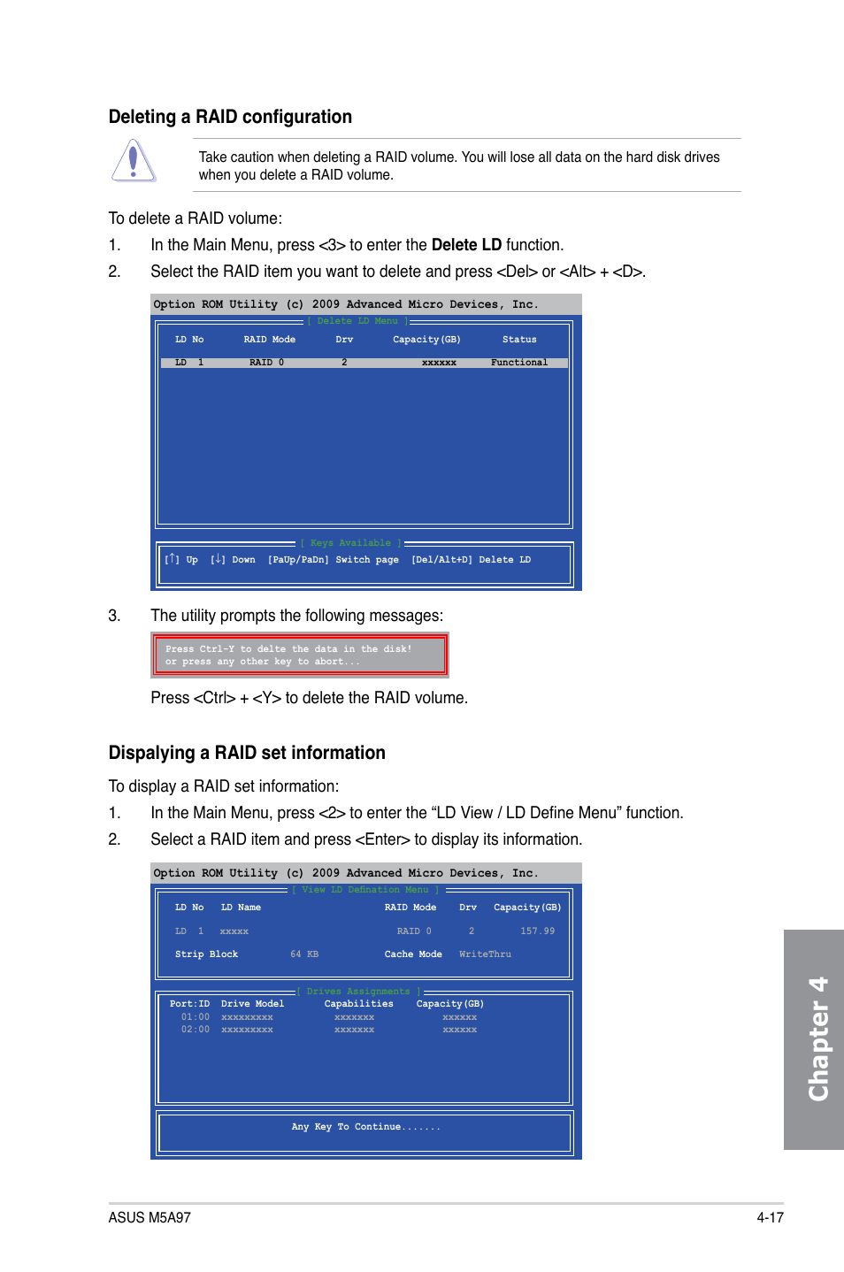 Chapter 4, Deleting a raid configuration, Dispalying a raid set information | Asus M5A97/SI User Manual | Page 103 / 112