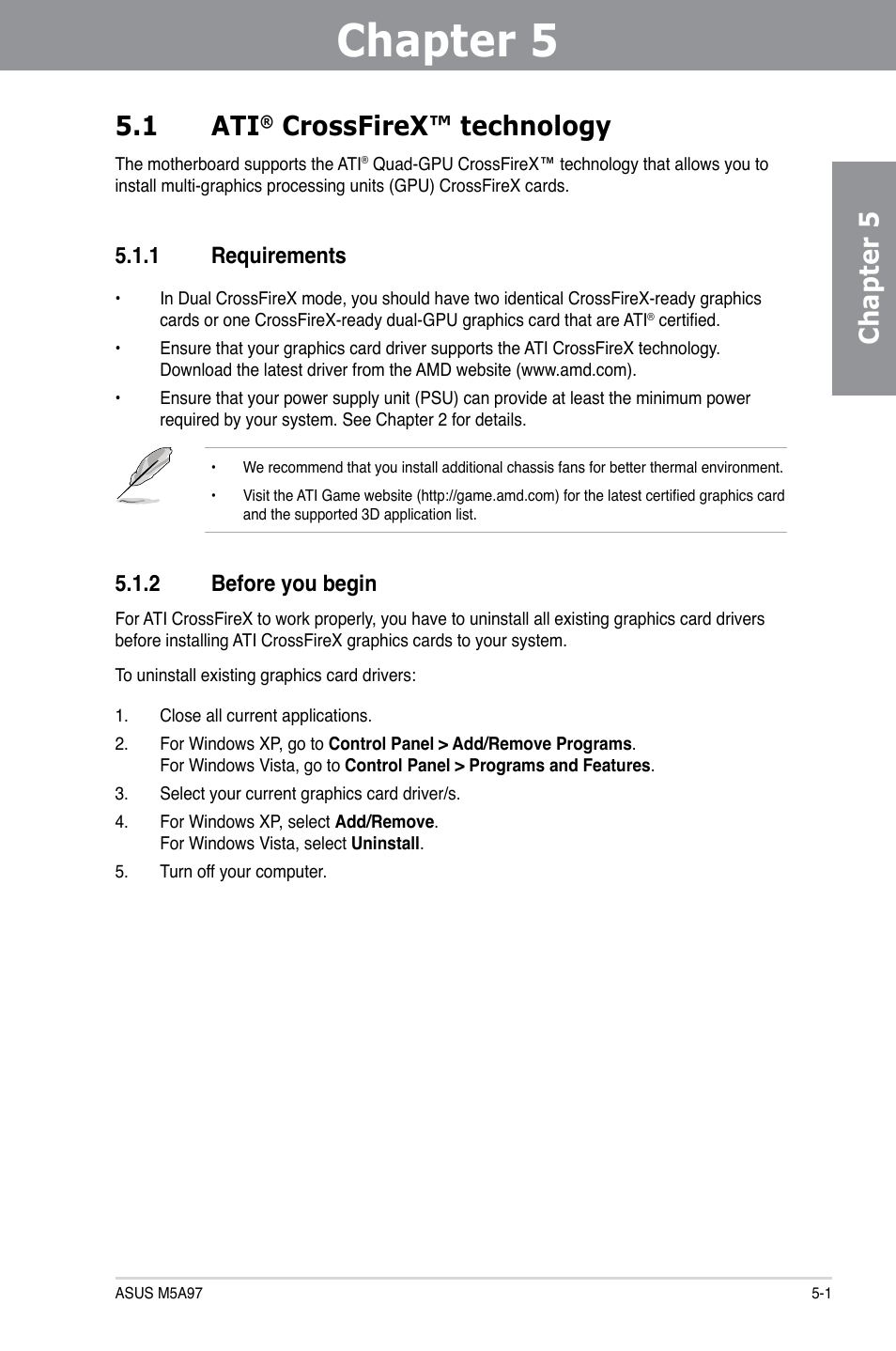 Chapter 5, 1 ati, Crossfirex™ technology | 1 requirements, 2 before you begin | Asus M5A97/SI User Manual | Page 107 / 112