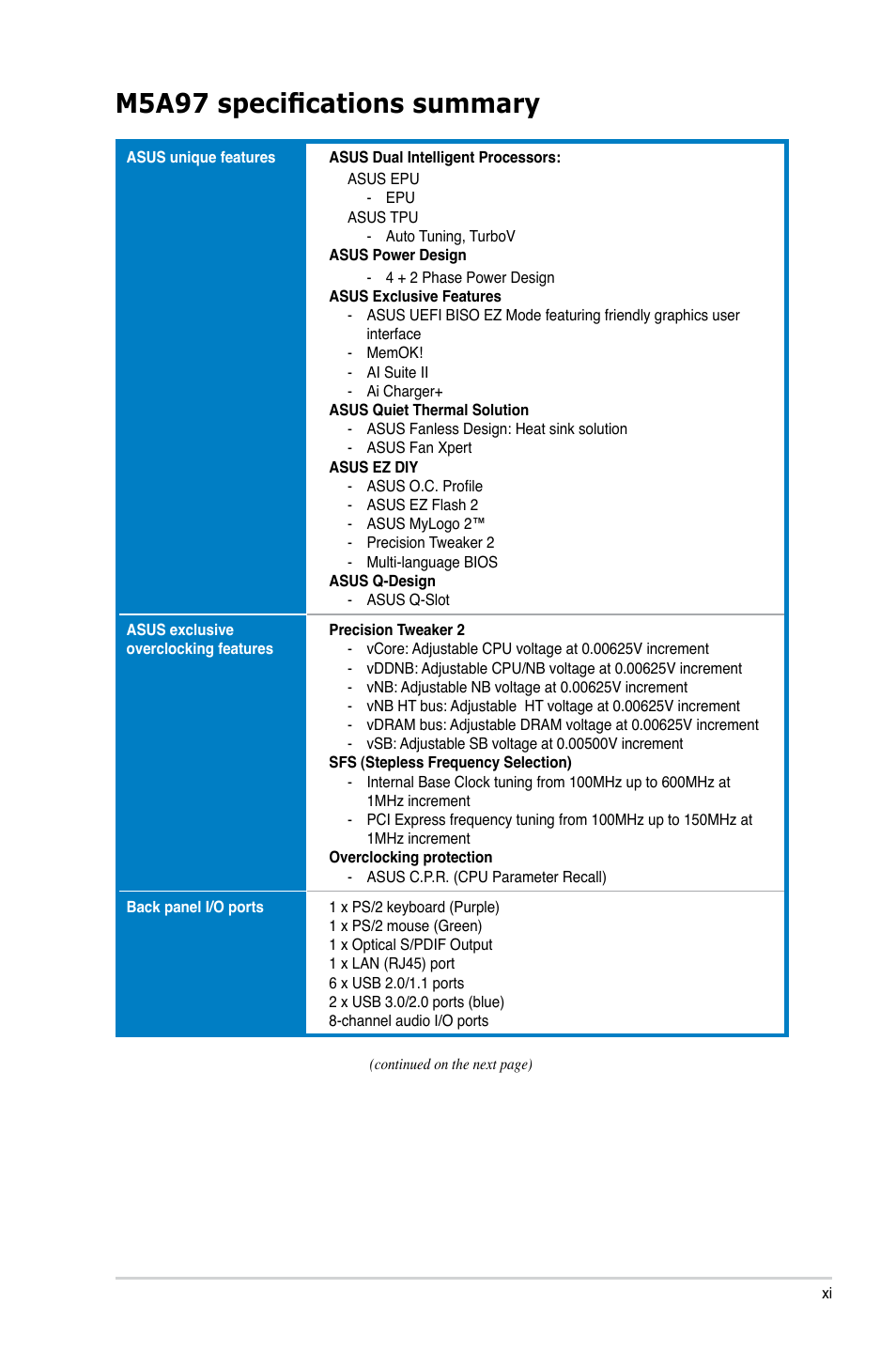 M5a97 specifications summary | Asus M5A97/SI User Manual | Page 11 / 112