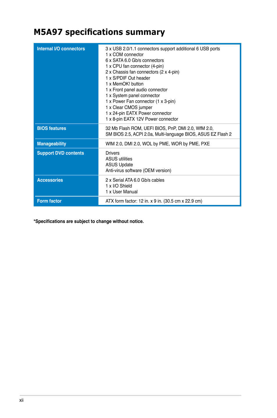 M5a97 specifications summary | Asus M5A97/SI User Manual | Page 12 / 112