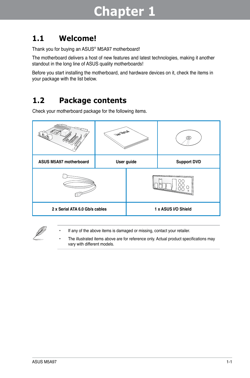 Chapter 1, 1 welcome, 2 package contents | Asus M5A97/SI User Manual | Page 13 / 112