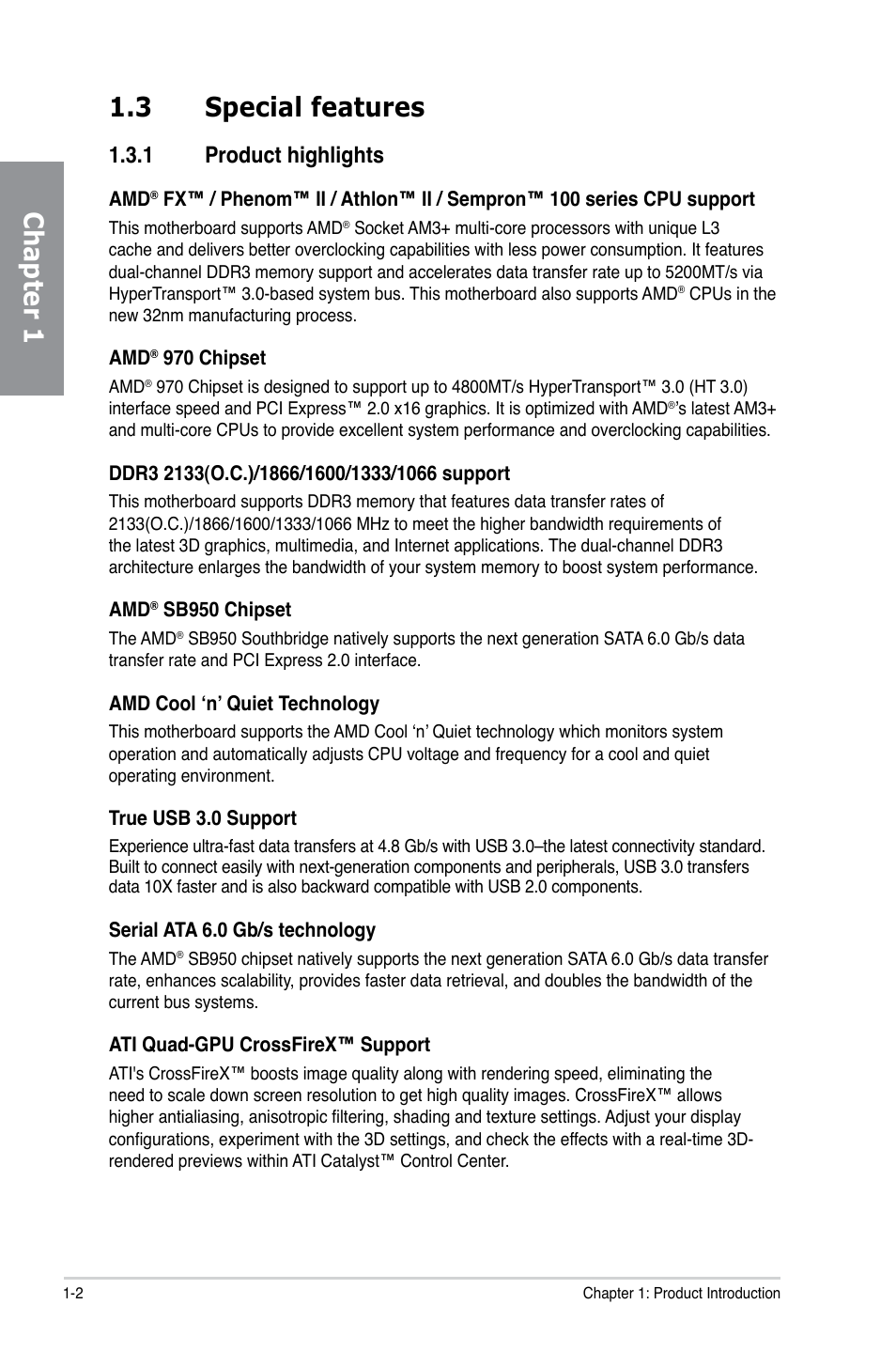 Chapter 1 1.3 special features, 1 product highlights | Asus M5A97/SI User Manual | Page 14 / 112