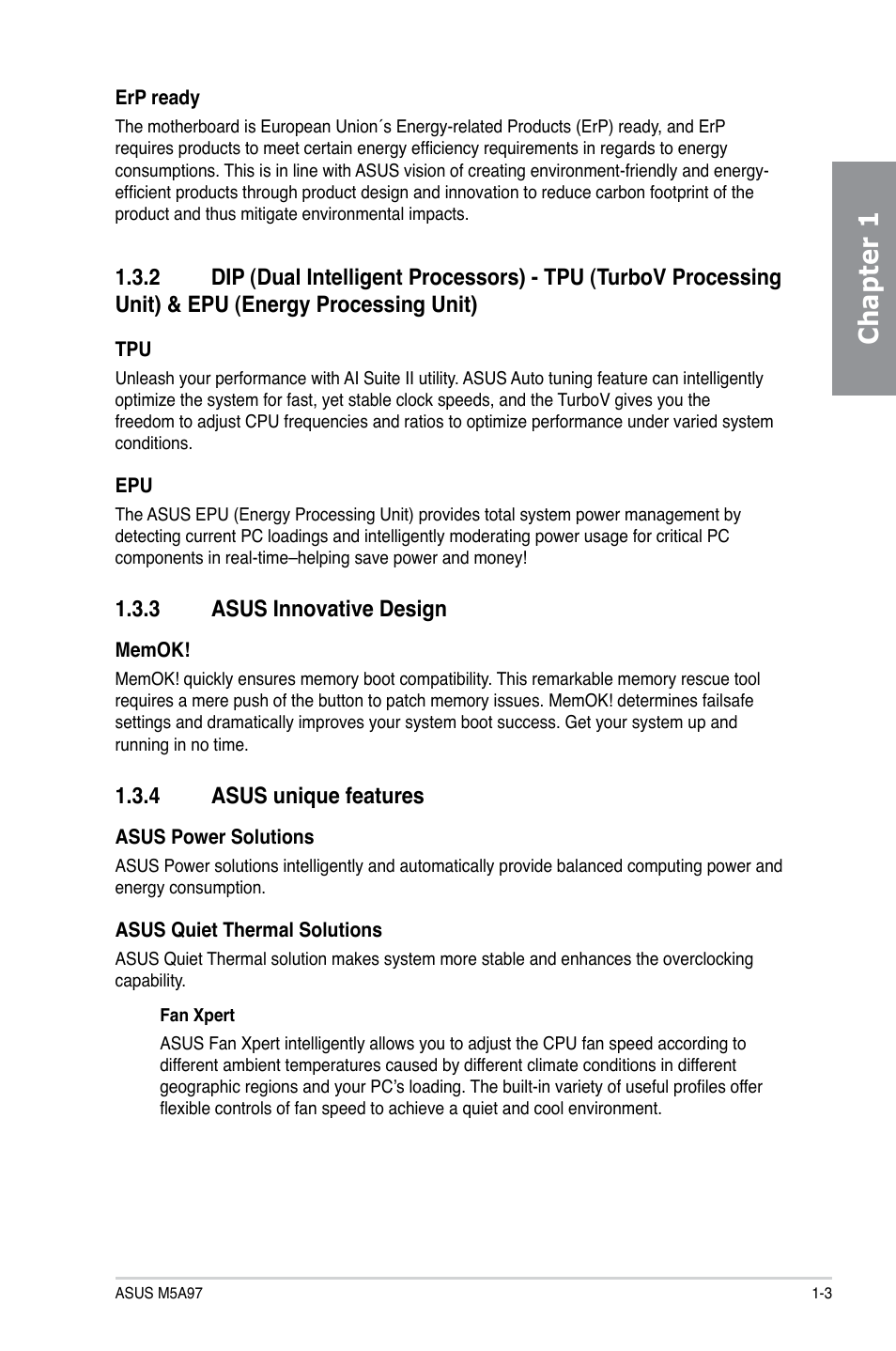 Chapter 1, 3 asus innovative design, 4 asus unique features | Asus M5A97/SI User Manual | Page 15 / 112