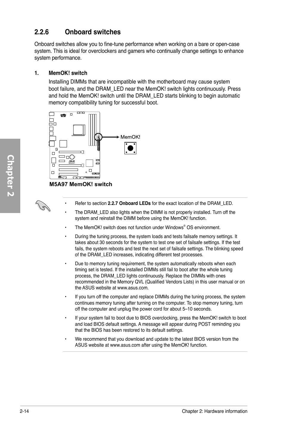 Chapter 2, 6 onboard switches | Asus M5A97/SI User Manual | Page 30 / 112