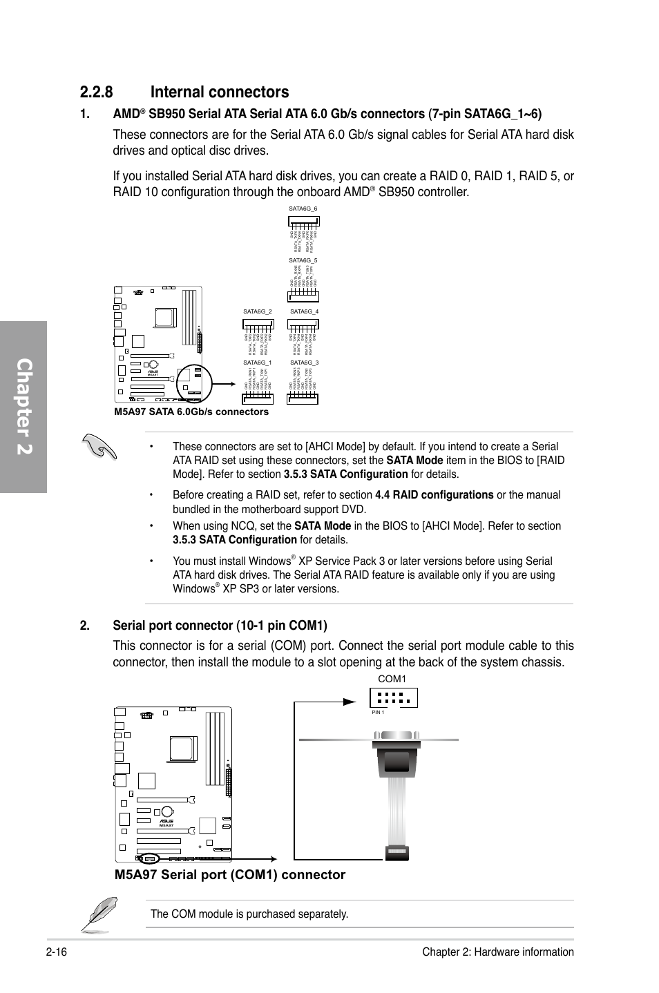 Chapter 2, 8 internal connectors, Sb950 controller | M5a97 serial port (com1) connector, 16 chapter 2: hardware information, Xp sp3 or later versions, The com module is purchased separately, Com1 | Asus M5A97/SI User Manual | Page 32 / 112