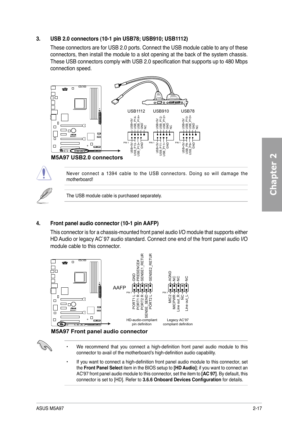 Chapter 2, M5a97 front panel audio connector, Aafp | Asus M5A97/SI User Manual | Page 33 / 112