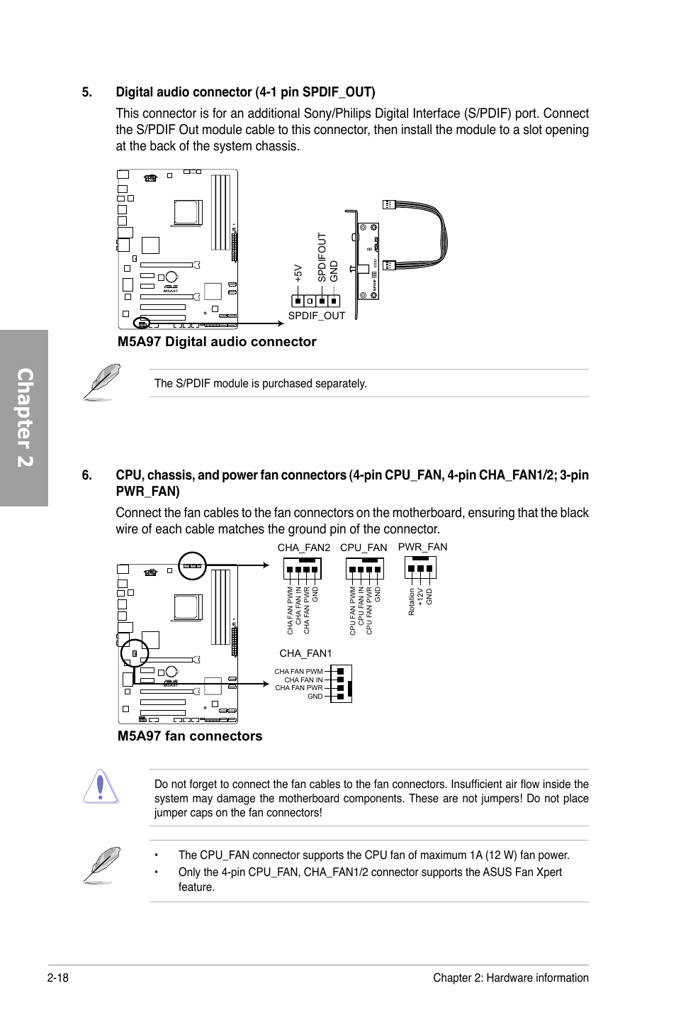 Chapter 2, M5a97 digital audio connector, M5a97 fan connectors | 18 chapter 2: hardware information, The s/pdif module is purchased separately | Asus M5A97/SI User Manual | Page 34 / 112