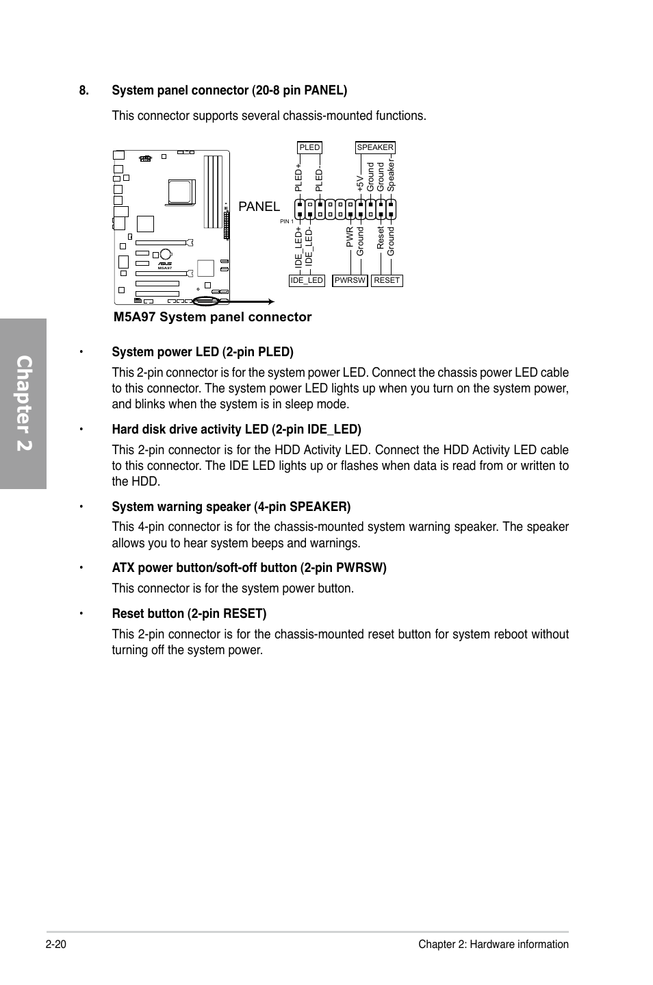 Chapter 2, M5a97 system panel connector, Panel | Asus M5A97/SI User Manual | Page 36 / 112