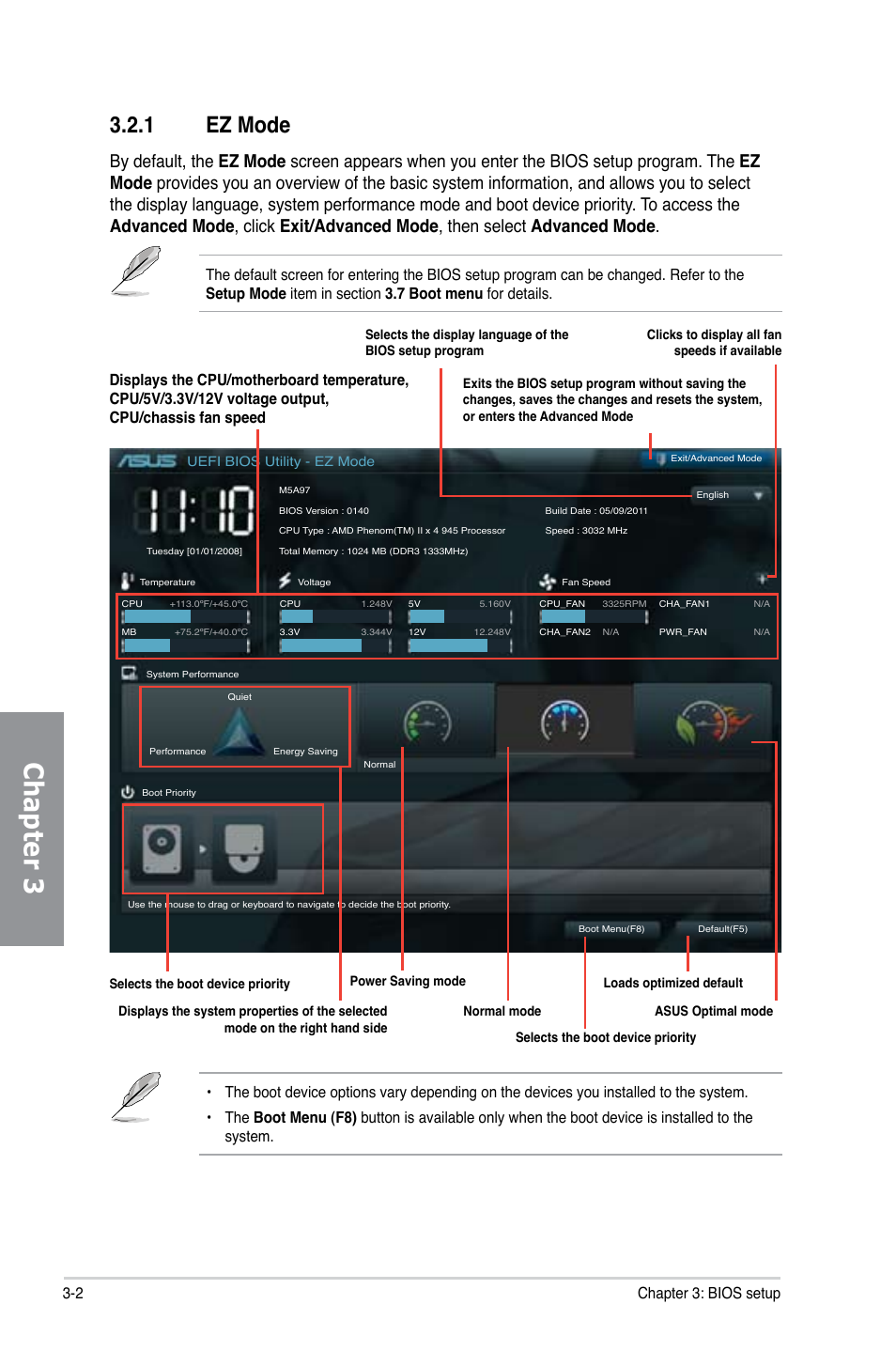 Chapter 3, 1 ez mode, 2 chapter 3: bios setup | Asus M5A97/SI User Manual | Page 54 / 112