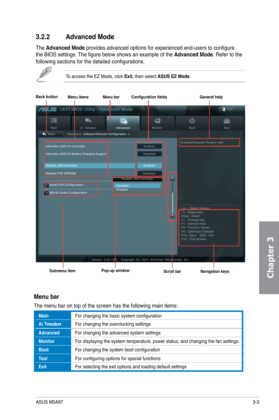 Chapter 3, 2 advanced mode, Menu bar | Asus M5A97/SI User Manual | Page 55 / 112