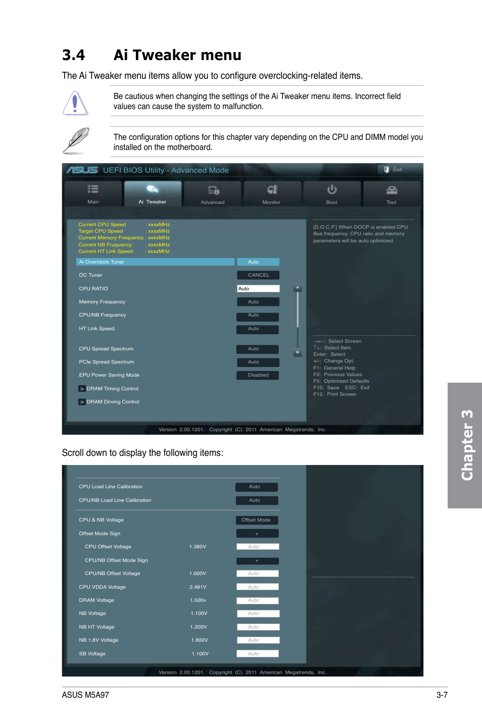 Chapter 3 3.4 ai tweaker menu, Scroll down to display the following items, Uefi bios utility - advanced mode | Asus M5A97/SI User Manual | Page 59 / 112