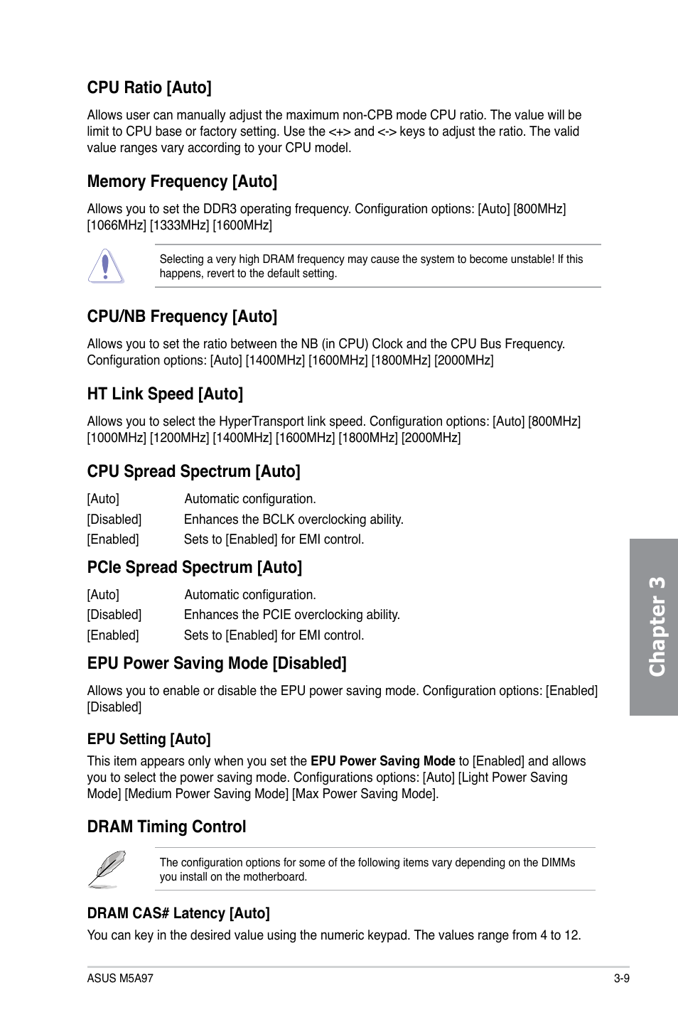 Chapter 3, Cpu ratio [auto, Cpu/nb frequency [auto | Ht link speed [auto, Cpu spread spectrum [auto, Pcie spread spectrum [auto, Epu power saving mode [disabled, Dram timing control | Asus M5A97/SI User Manual | Page 61 / 112