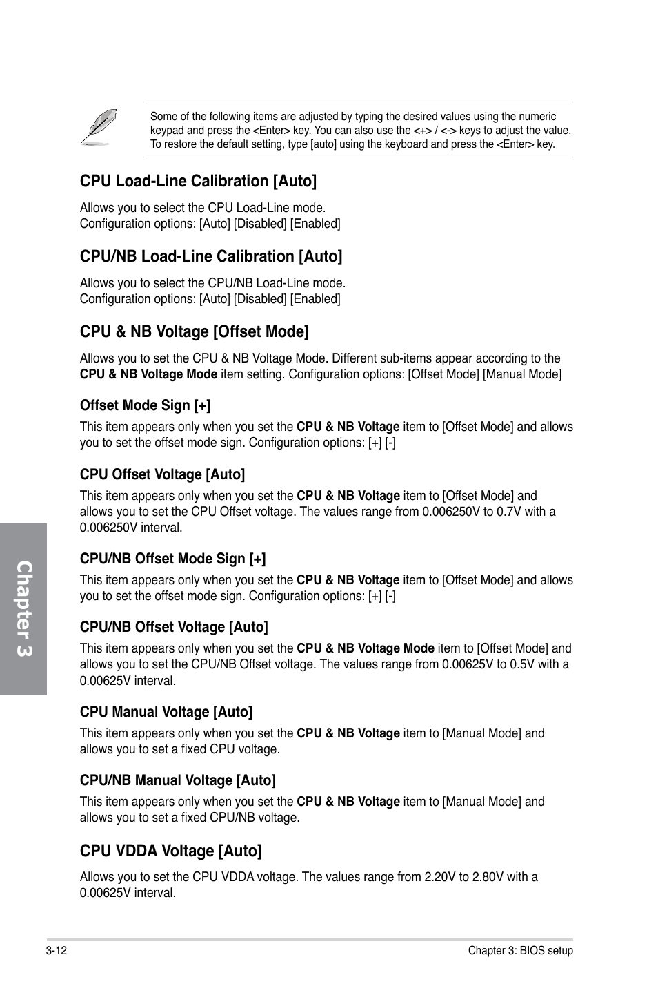 Chapter 3, Cpu load-line calibration [auto, Cpu/nb load-line calibration [auto | Cpu & nb voltage [offset mode, Cpu vdda voltage [auto | Asus M5A97/SI User Manual | Page 64 / 112
