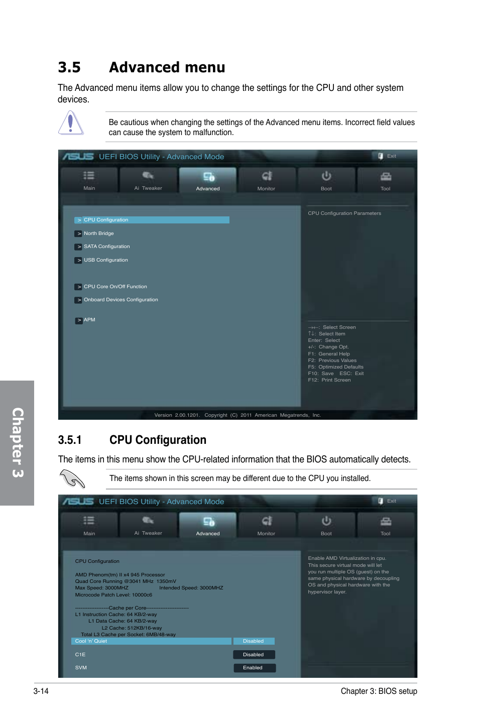 Chapter 3, 5 advanced menu, 1 cpu configuration | 14 chapter 3: bios setup | Asus M5A97/SI User Manual | Page 66 / 112