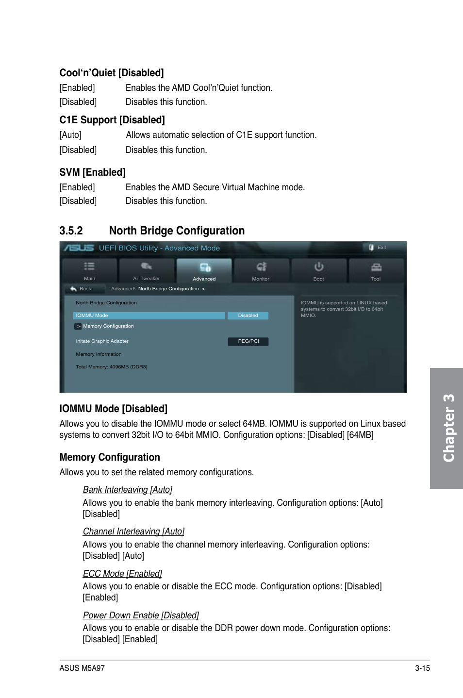 Chapter 3, 2 north bridge configuration, Cool‘n’quiet [disabled | C1e support [disabled, Svm [enabled, Iommu mode [disabled | Asus M5A97/SI User Manual | Page 67 / 112