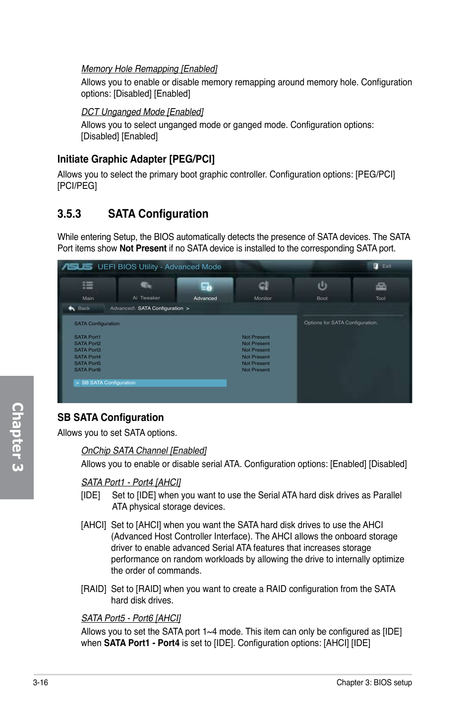 Chapter 3, 3 sata configuration, Sb sata configuration | Initiate graphic adapter [peg/pci | Asus M5A97/SI User Manual | Page 68 / 112