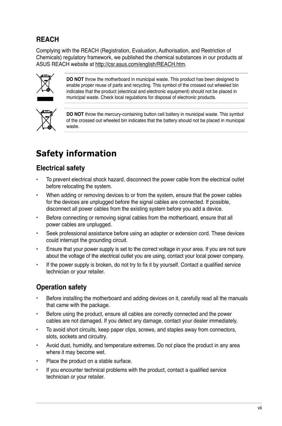 Safety information, Electrical safety, Operation safety | Reach | Asus M5A97/SI User Manual | Page 7 / 112