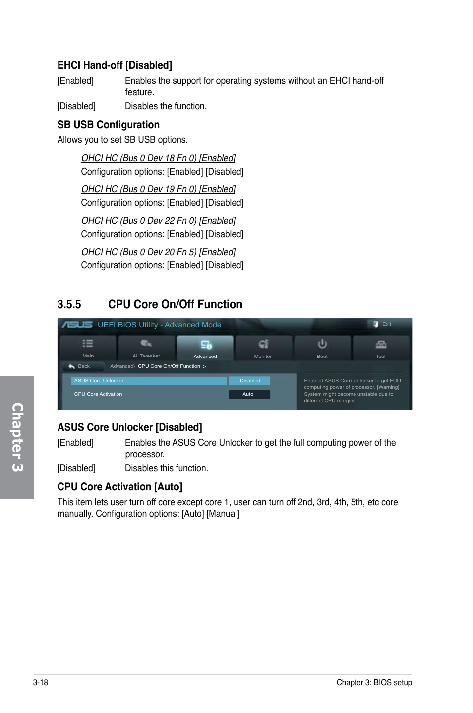 Chapter 3, 5 cpu core on/off function, Ehci hand-off [disabled | Sb usb configuration, Asus core unlocker [disabled, Cpu core activation [auto | Asus M5A97/SI User Manual | Page 70 / 112