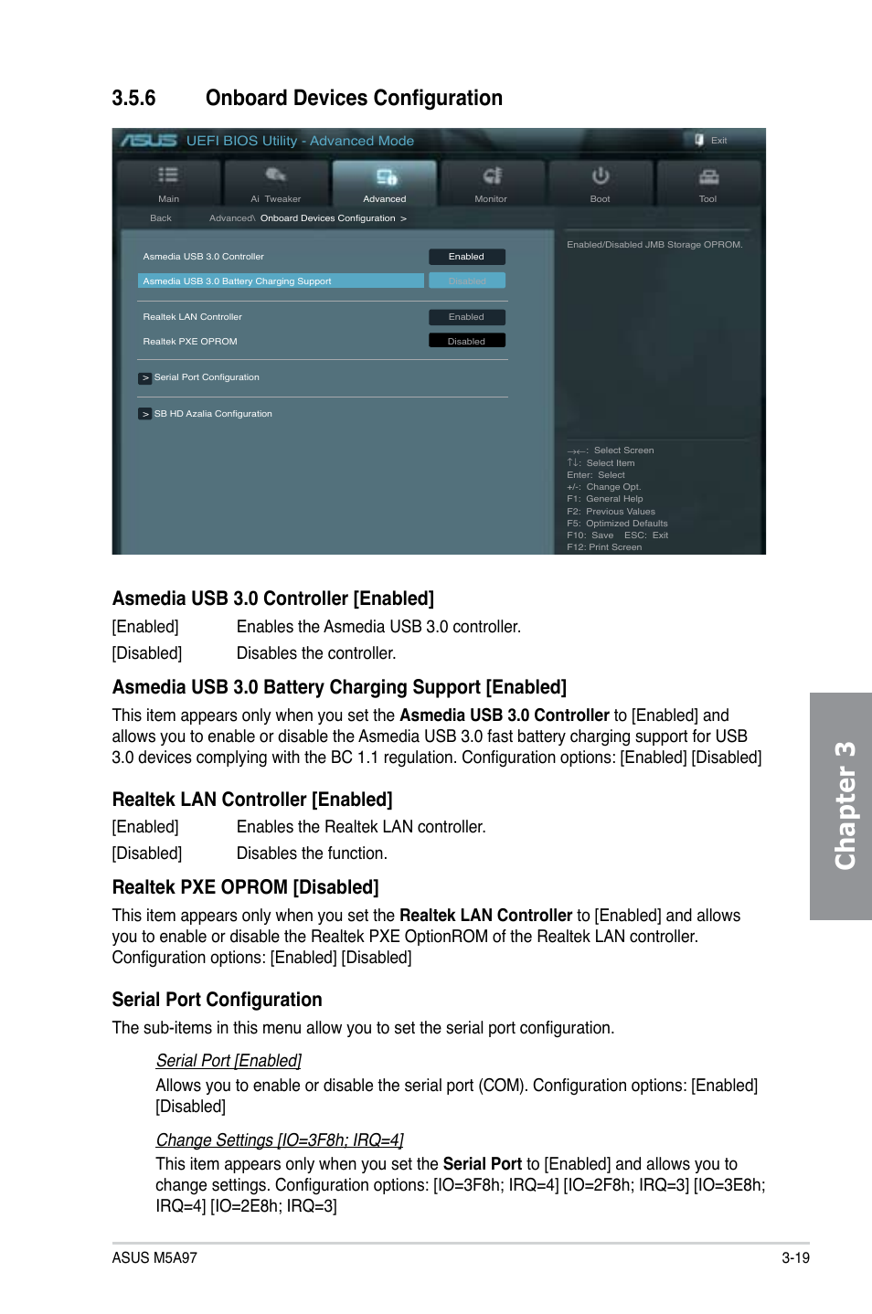 Chapter 3, 6 onboard devices configuration, Asmedia usb 3.0 controller [enabled | Asmedia usb 3.0 battery charging support [enabled, Realtek lan controller [enabled, Realtek pxe oprom [disabled, Serial port configuration | Asus M5A97/SI User Manual | Page 71 / 112