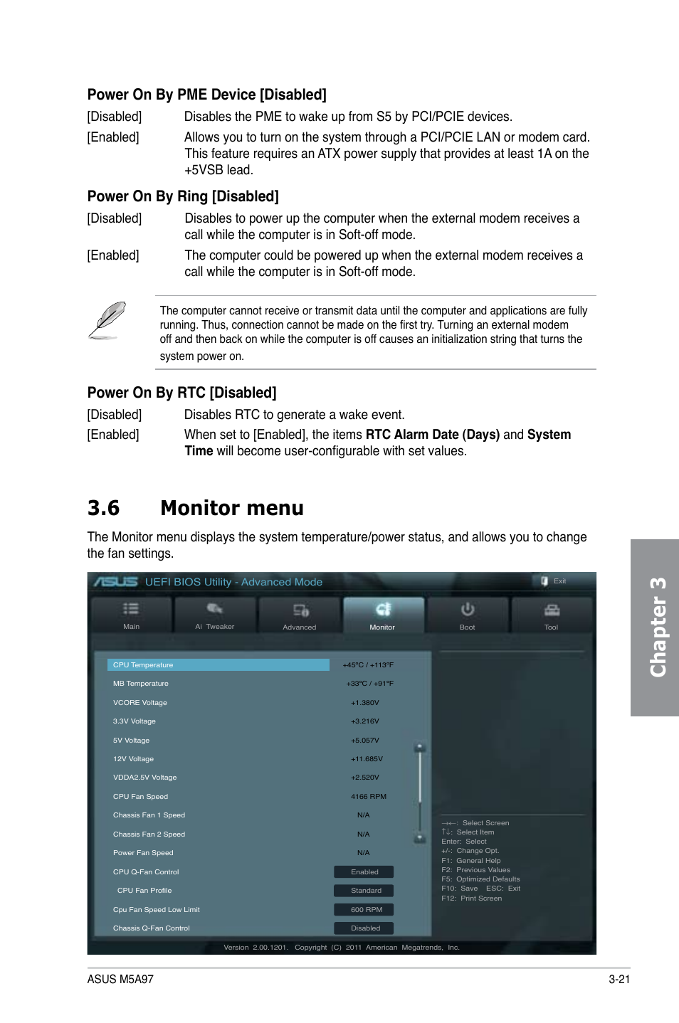 Chapter 3, 6 monitor menu, Power on by pme device [disabled | Power on by ring [disabled, Power on by rtc [disabled | Asus M5A97/SI User Manual | Page 73 / 112