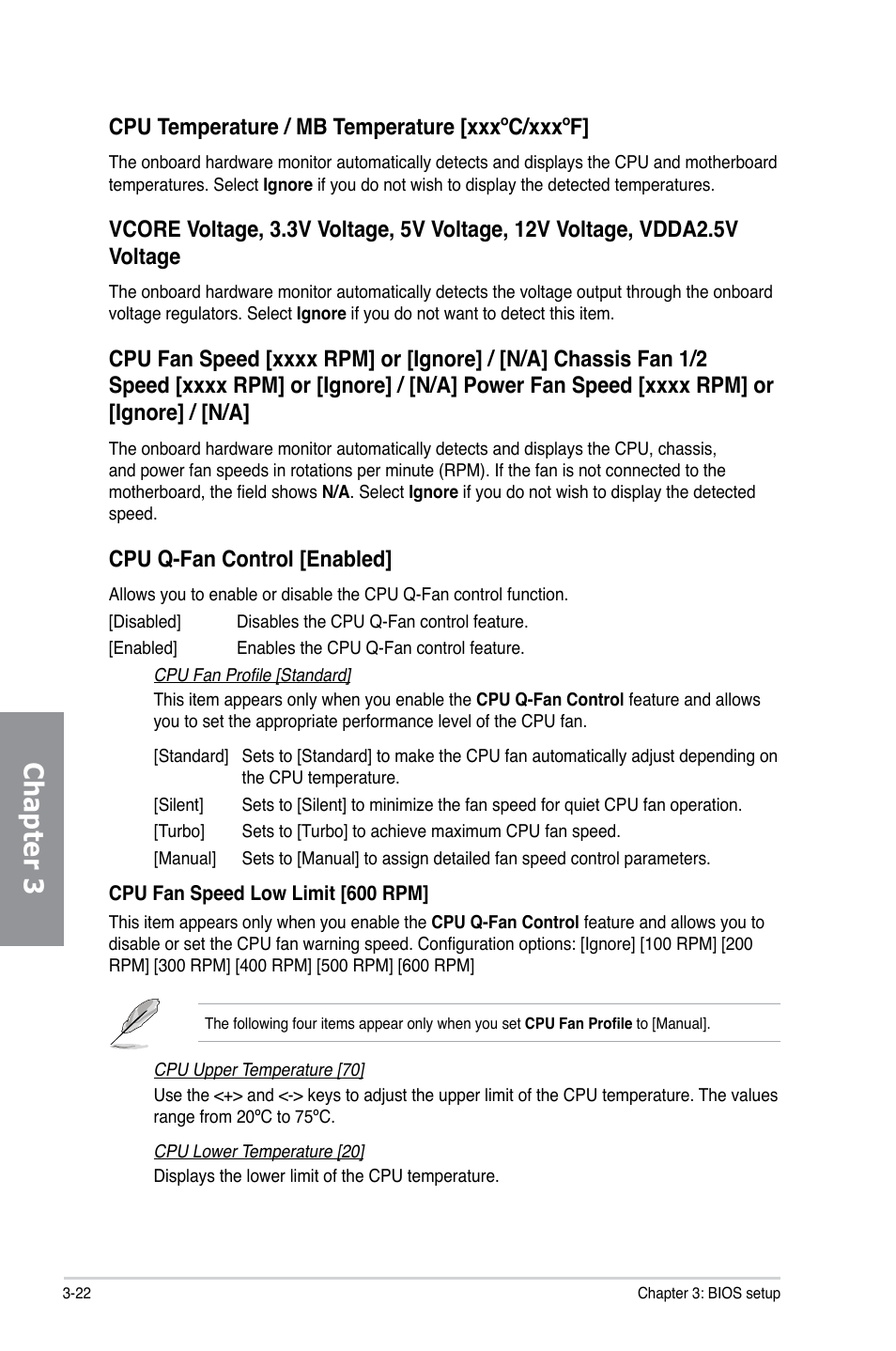 Chapter 3, Cpu temperature / mb temperature [xxxºc/xxxºf, Cpu q-fan control [enabled | Asus M5A97/SI User Manual | Page 74 / 112
