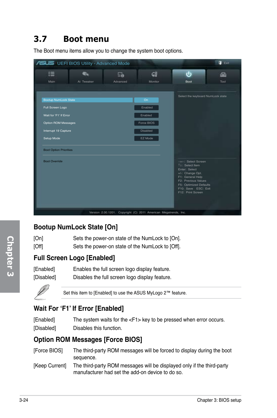 Chapter 3 3.7 boot menu, Bootup numlock state [on, Full screen logo [enabled | Wait for ‘f1’ if error [enabled, Option rom messages [force bios | Asus M5A97/SI User Manual | Page 76 / 112