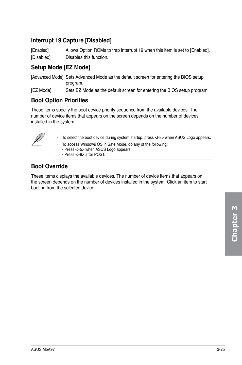 Chapter 3, Interrupt 19 capture [disabled, Setup mode [ez mode | Boot option priorities, Boot override | Asus M5A97/SI User Manual | Page 77 / 112