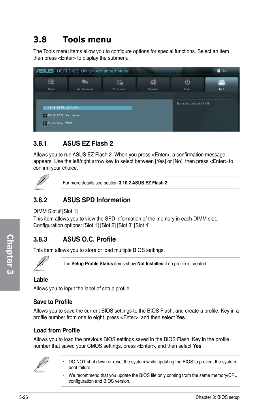 Chapter 3 3.8 tools menu, 1 asus ez flash 2, 3 asus o.c. profile | 2 asus spd information, Lable, Save to profile, Load from profile | Asus M5A97/SI User Manual | Page 78 / 112