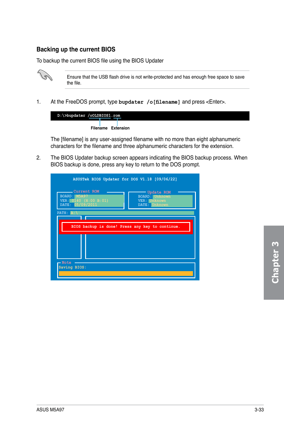 Chapter 3, Backing up the current bios | Asus M5A97/SI User Manual | Page 85 / 112