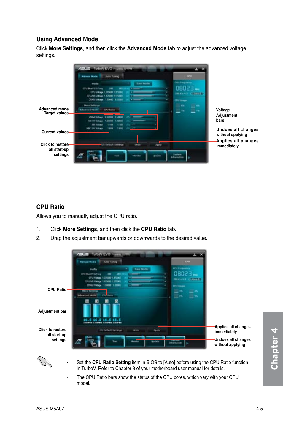 Chapter 4, Using advanced mode, Cpu ratio | Asus M5A97/SI User Manual | Page 91 / 112