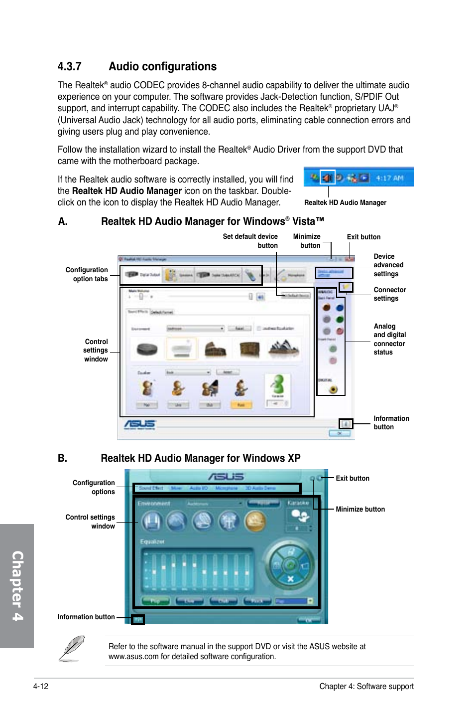 Chapter 4, 7 audio configurations, A. realtek hd audio manager for windows | Vista, B. realtek hd audio manager for windows xp | Asus M5A97/SI User Manual | Page 98 / 112