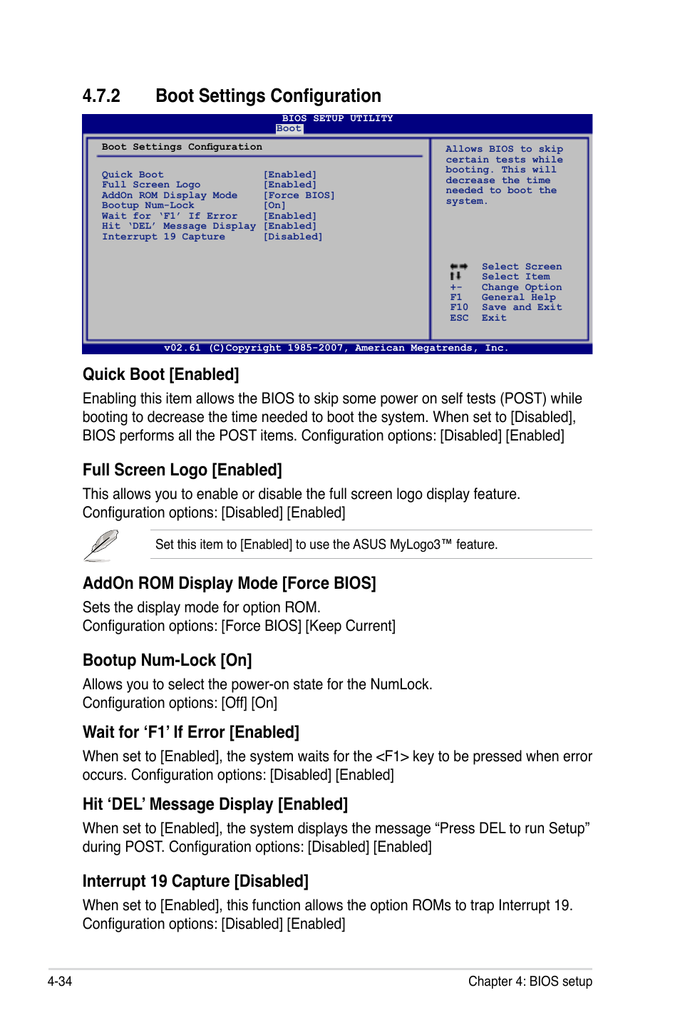 2 boot settings configuration, Quick boot [enabled, Full screen logo [enabled | Addon rom display mode [force bios, Bootup num-lock [on, Wait for ‘f1’ if error [enabled, Hit ‘del’ message display [enabled, Interrupt 19 capture [disabled | Asus P5E3 User Manual | Page 100 / 168