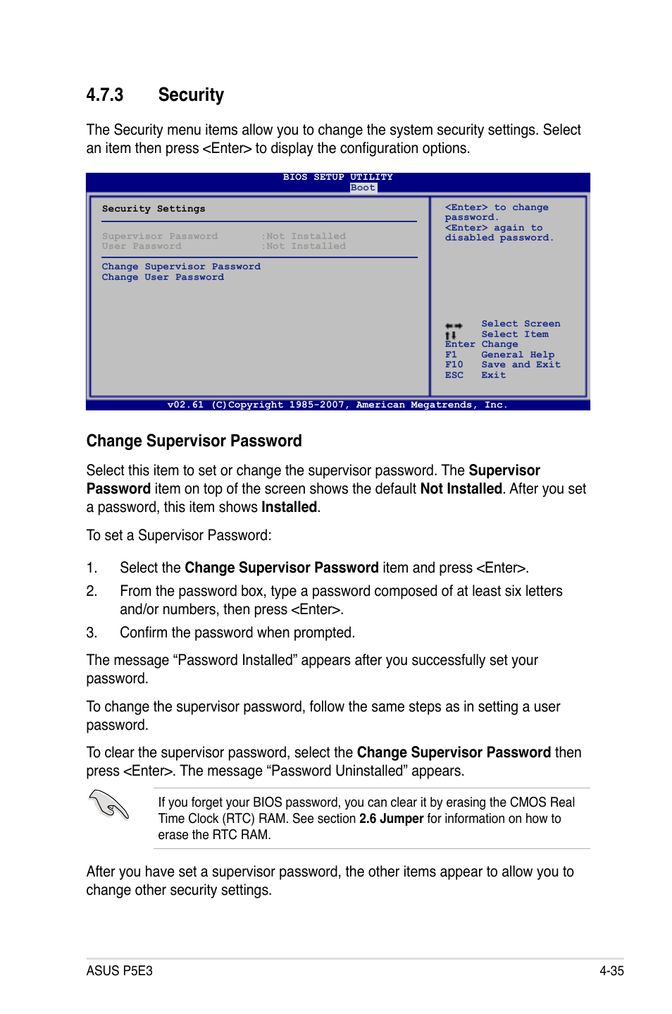 3 security, Change supervisor password | Asus P5E3 User Manual | Page 101 / 168