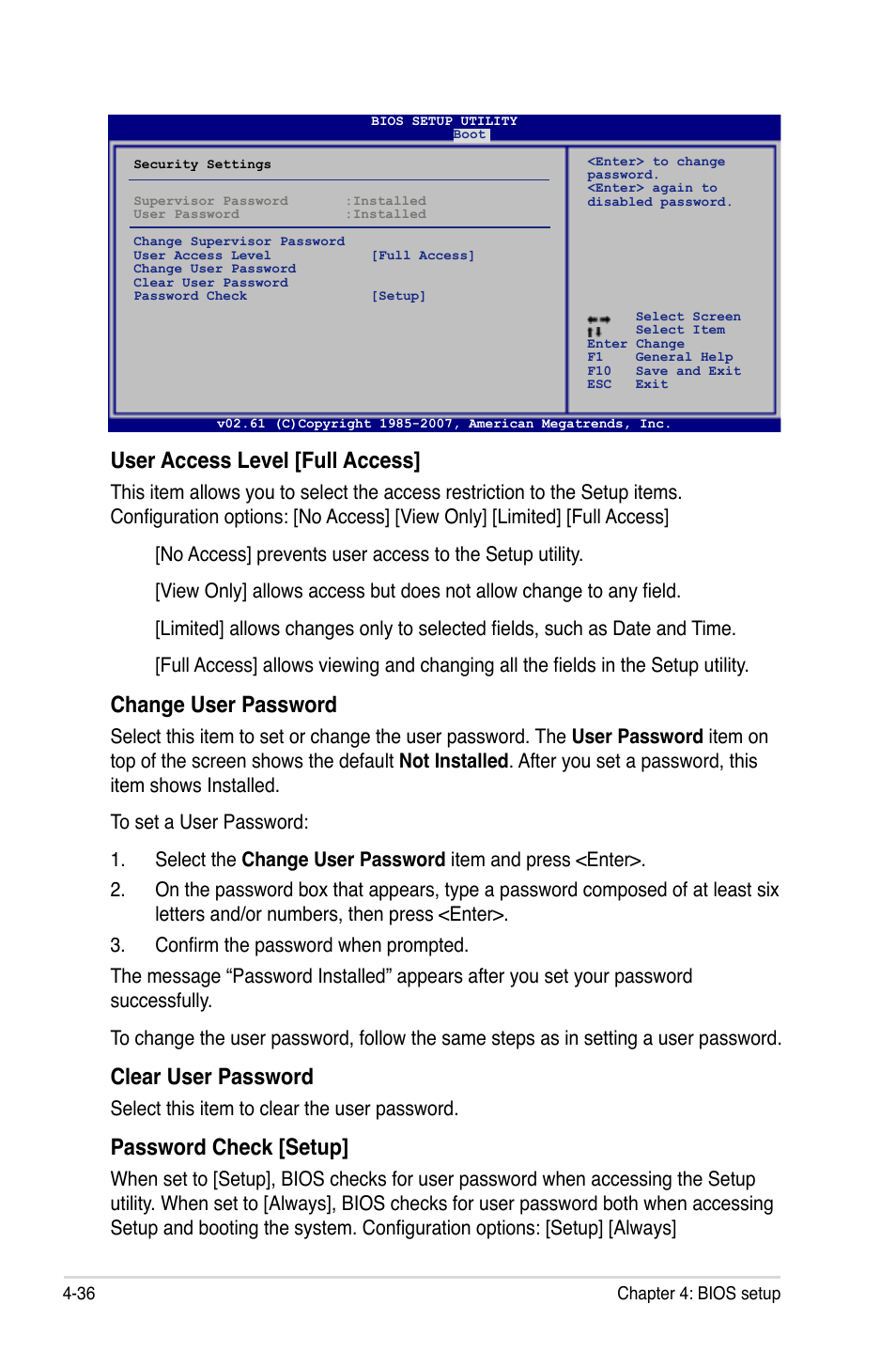 User access level [full access, Change user password, Clear user password | Password check [setup, Select this item to clear the user password | Asus P5E3 User Manual | Page 102 / 168