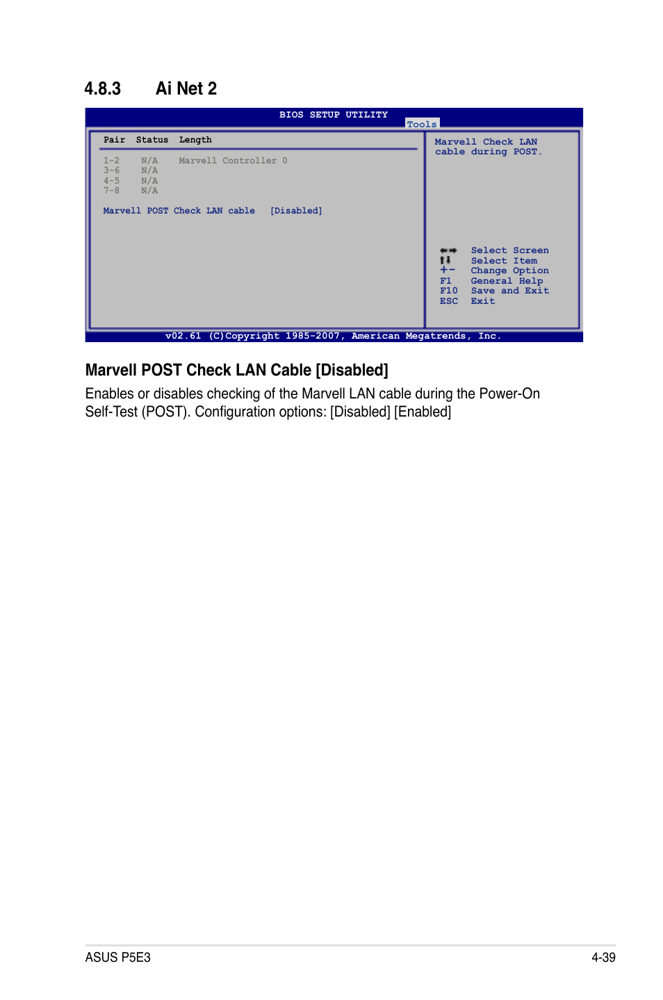 3 ai net 2, Marvell post check lan cable [disabled | Asus P5E3 User Manual | Page 105 / 168